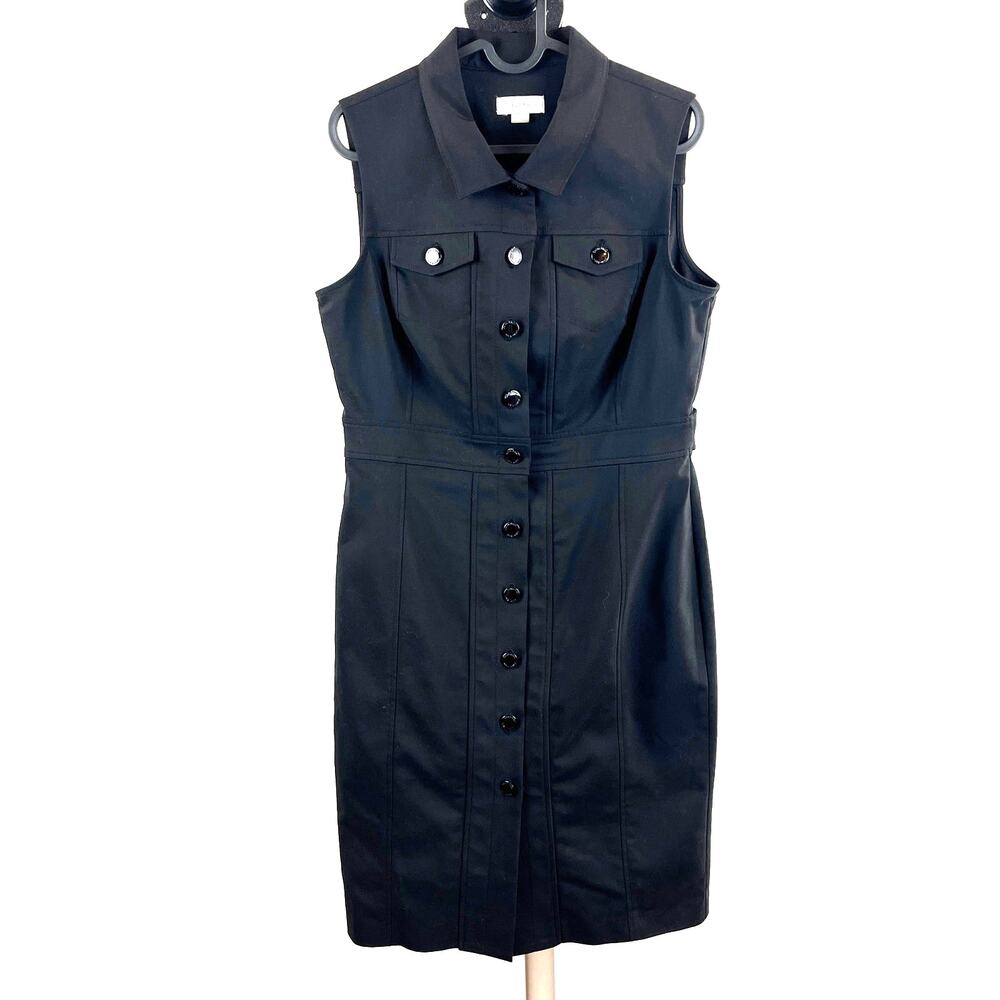 Calvin Klein Black Sleeveless Sheath Dress Stretch Button Front Size 8